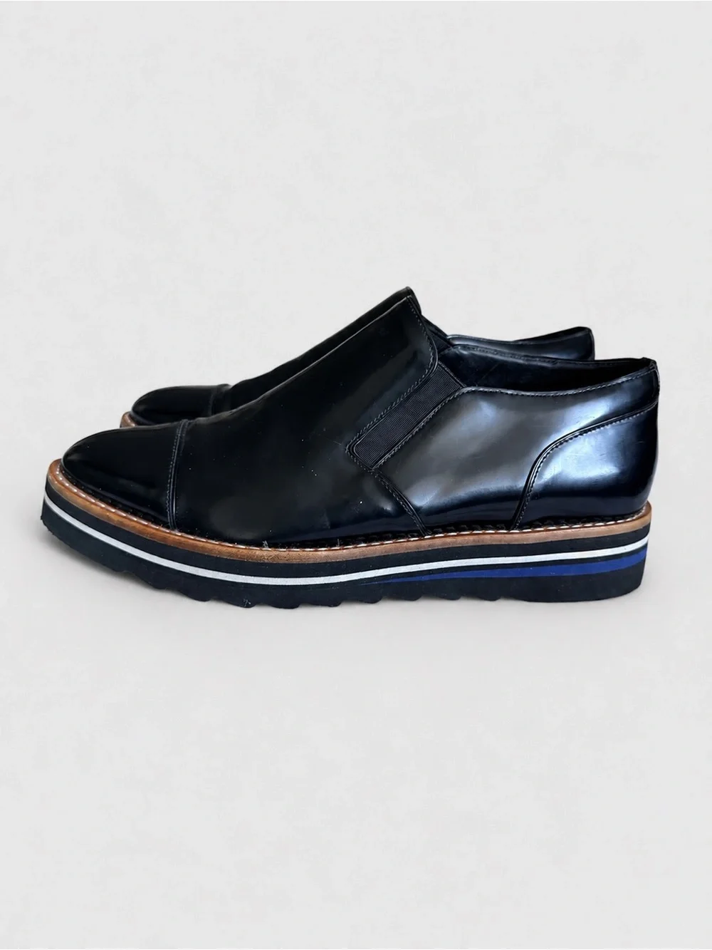 Vince Alona Platform Slip On Cap Toe Oxfords Black Leather Lug Sole Womens 8 8.5